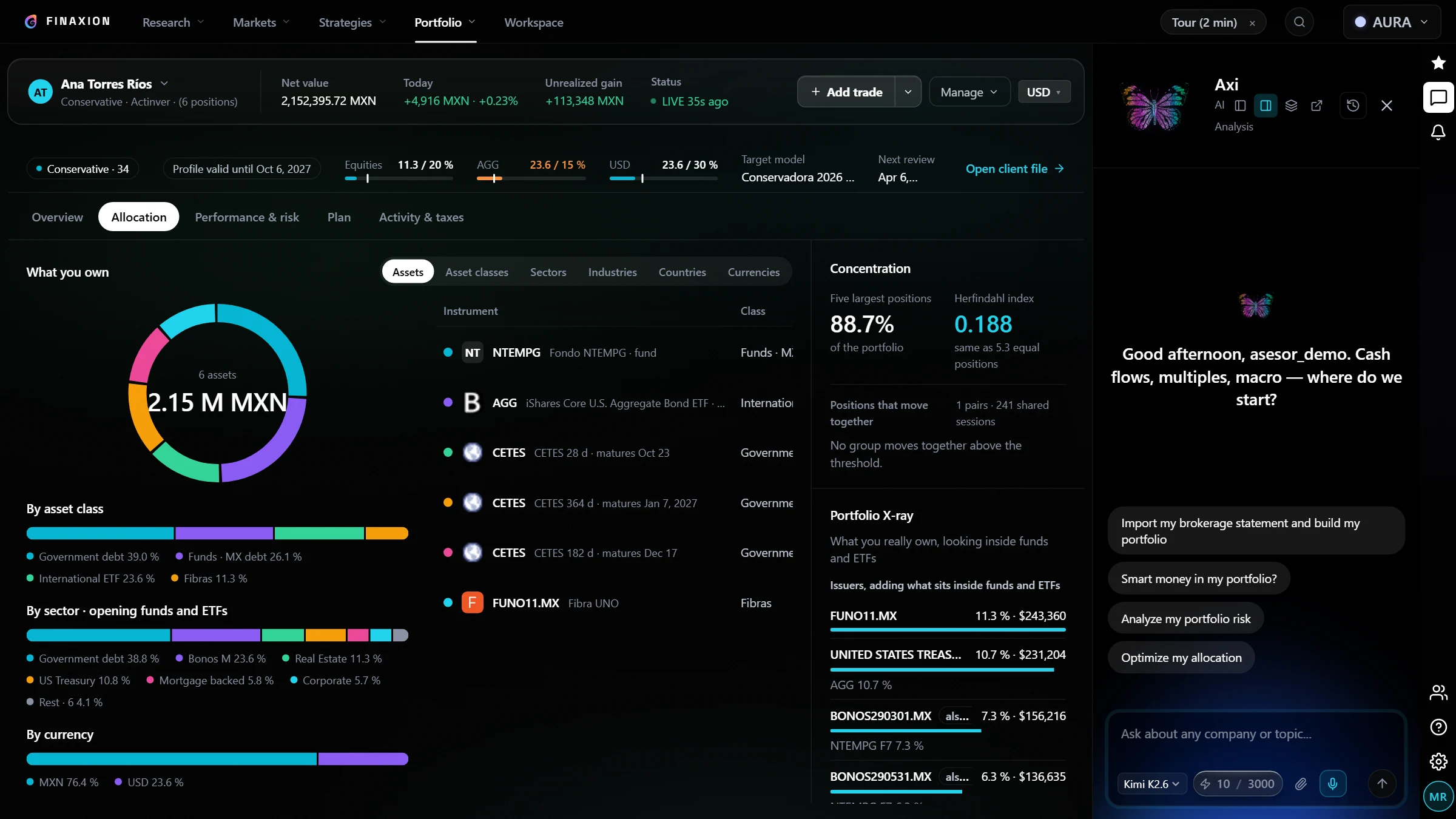 Portfolio allocation with the AXI assistant docked on the right